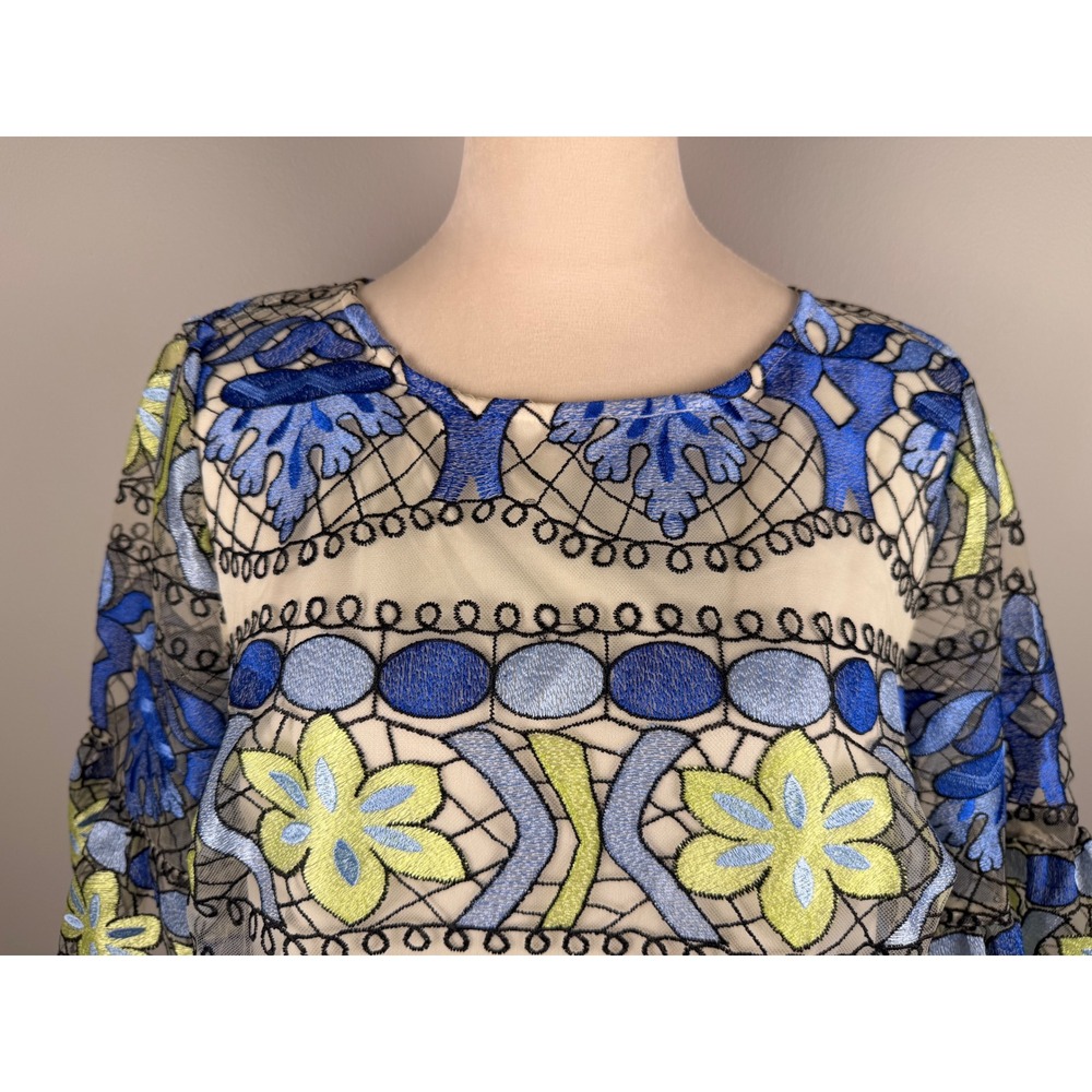 ECI New York Shift Dress Womens 10 Blue Floral Embroidered Bell Sleeve - Picture 2 of 8